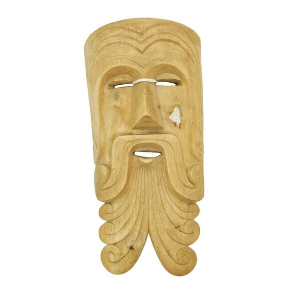 Vintage Hand Carved Wood Mask Face Folk Art Deco Handmade Wall Hanging Sculpture